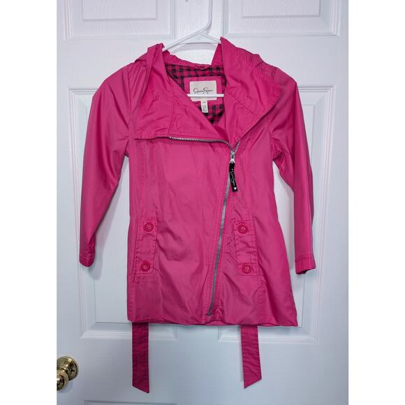 JESSICA SIMPSON Pink Hooded Rain Pretty Trench COAT JACKET GIRL SIZE L6x gingham - Picture 4 of 6